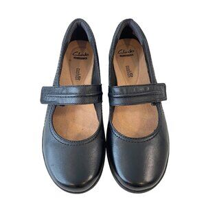 Clarks Collection Black Leather Mary Jane Flats Cushion Soft Comfort Shoes size